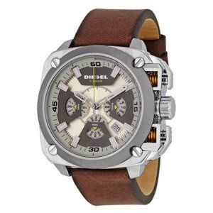 DIESEL BAMF Beige and Grey Dial Brown Leather Men's Watch DZ7343